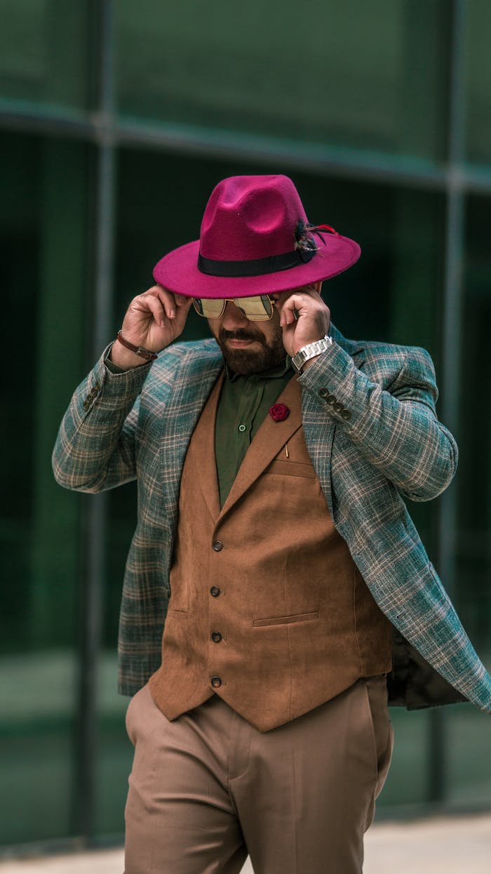 Fashionable man outdoors with pink hat and plaid suit, reflecting urban style.